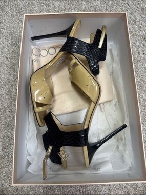 Jimmy Choo Black and Gold High Heel Strappy Sandals (As Is)
